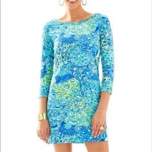 Lilly Pulitzer Marlowe Dress Lilly's Lagoon Sea Blue 3/4 Sleeve Cotton Small